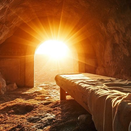 Sun shining through the entrance of an empty tomb